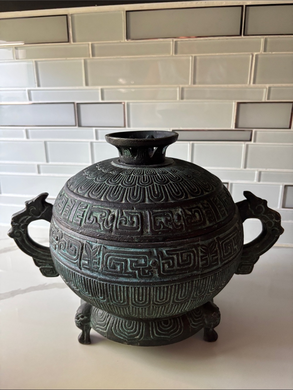 James Mont Style Mid Century Asian Patina Metal Ice Bucket
